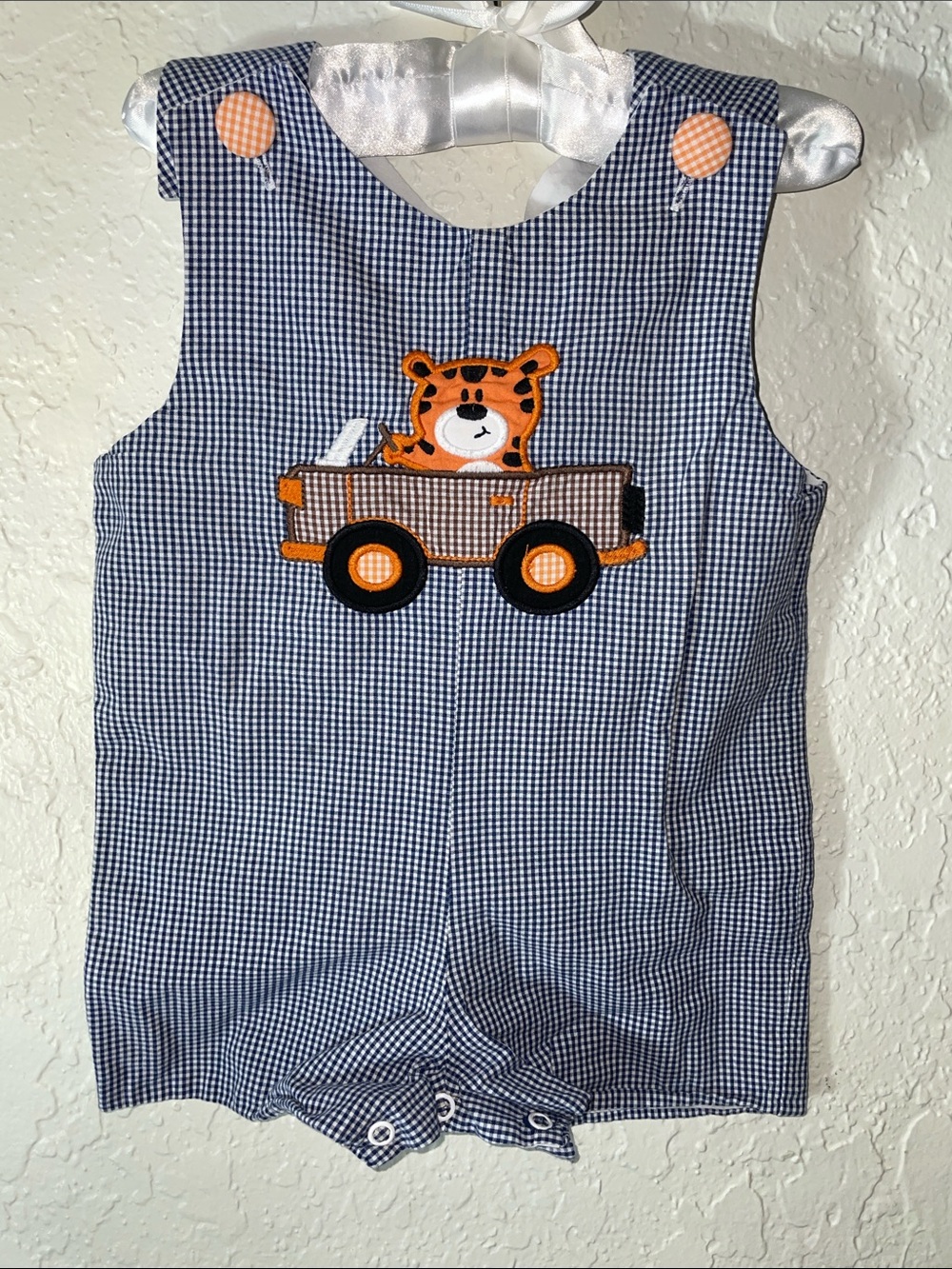Gingham Tiger Applique Romper - Navy & Orange